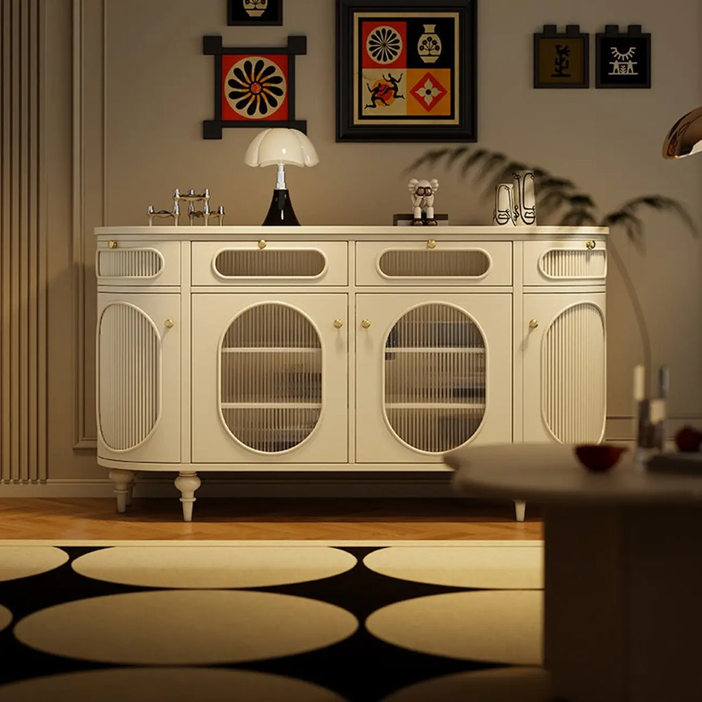 Credenza ovale 55 L in bianco/nero francese con ante in vetro