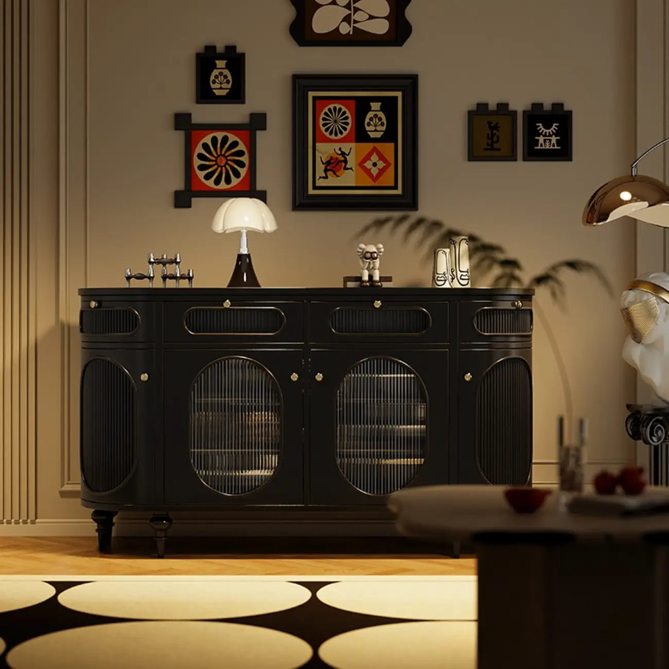 Credenza ovale 55 L in bianco/nero francese con ante in vetro