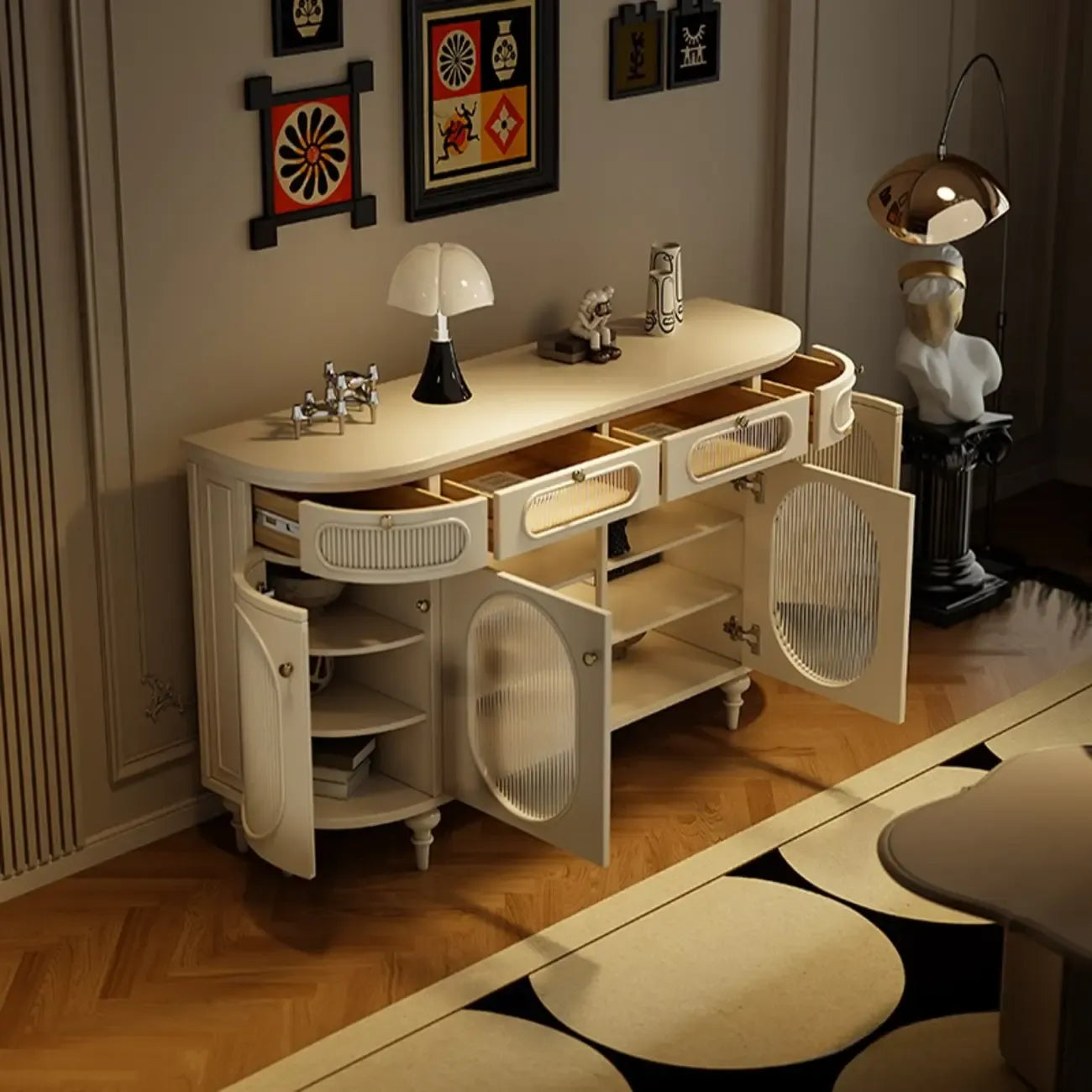 Credenza ovale 55 L in bianco/nero francese con ante in vetro