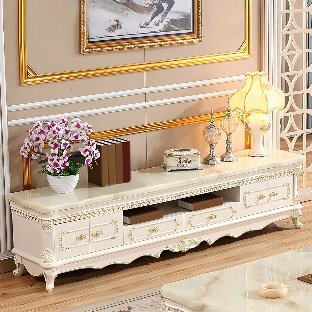 Meuble TV élégant avec plateau en marbre et tiroirs pour salon