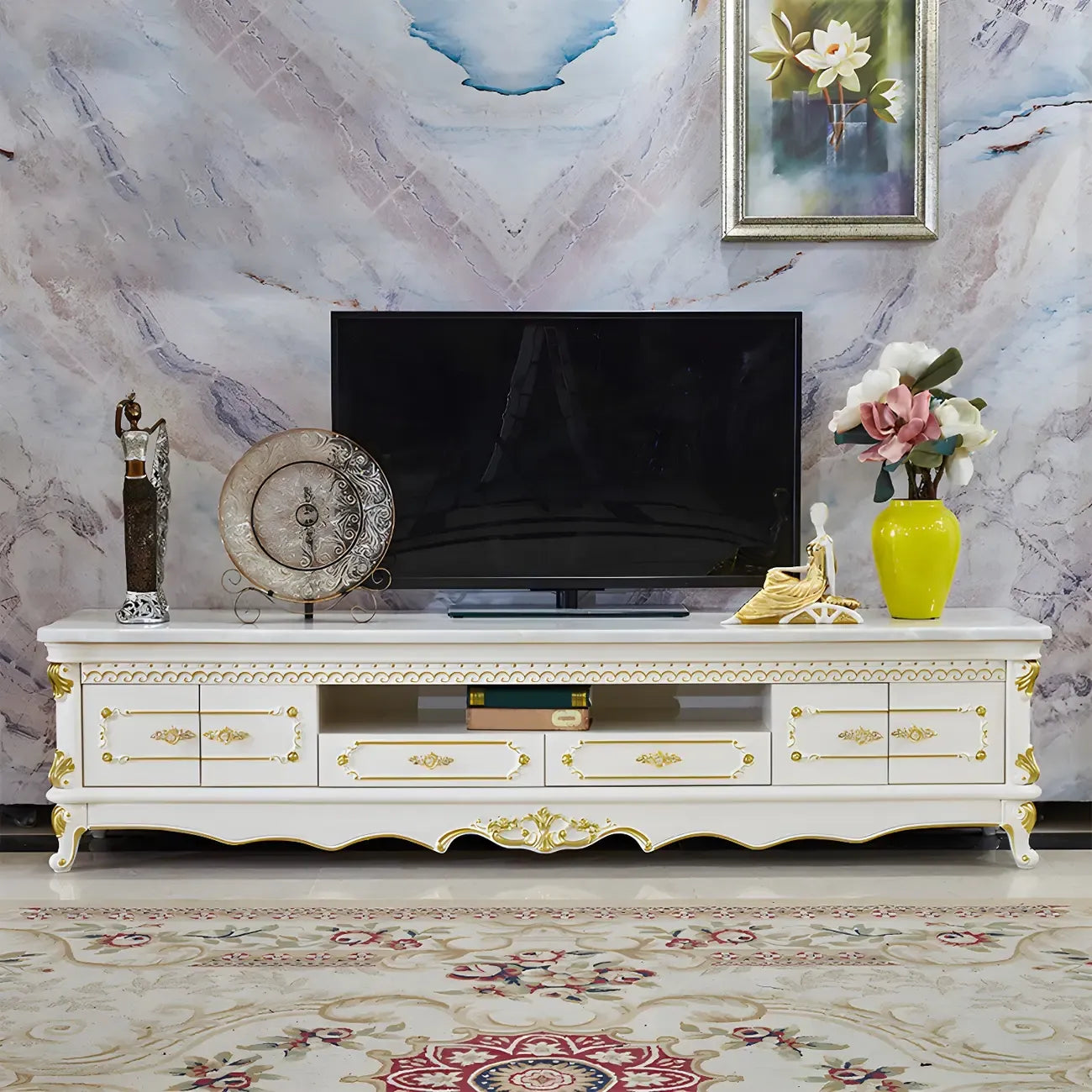 Meuble TV élégant avec plateau en marbre et tiroirs pour salon