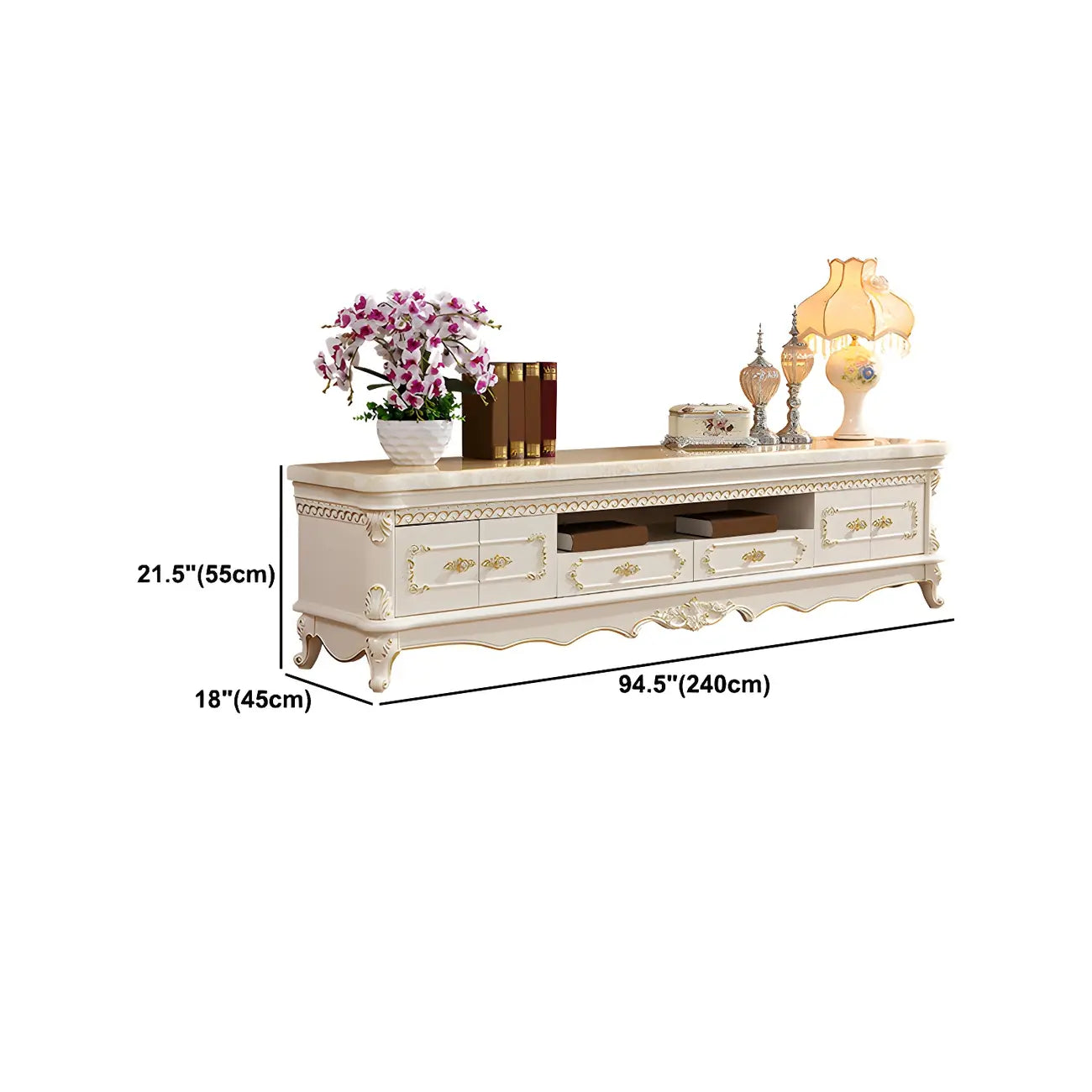 Meuble TV élégant avec plateau en marbre et tiroirs pour salon