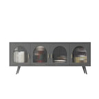 Meuble TV industriel avec porte en verre noir et étagère en métal