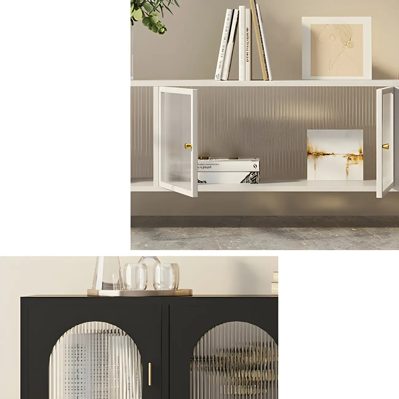 Meuble TV industriel avec porte en verre noir et étagère en métal