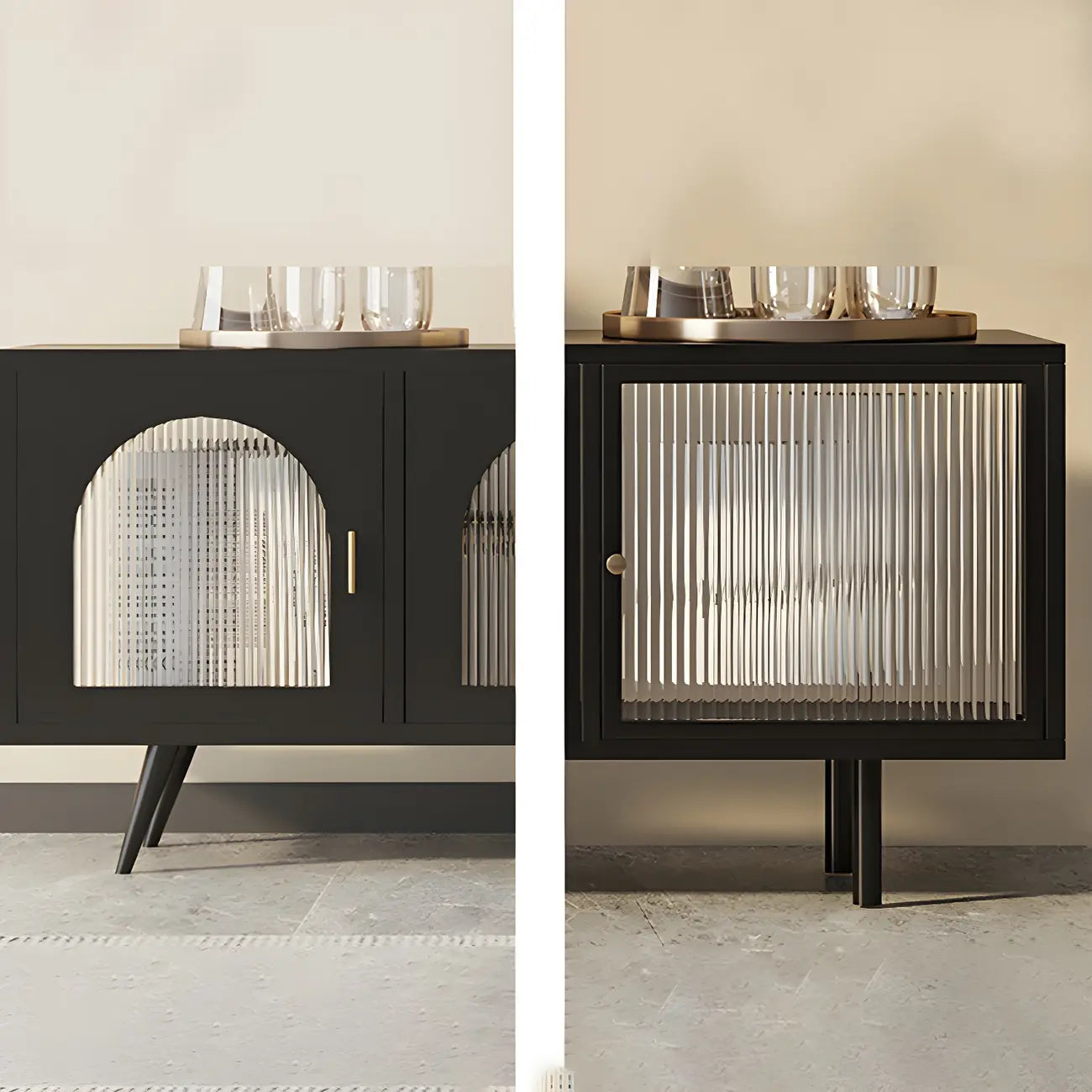 Meuble TV industriel avec porte en verre noir et étagère en métal