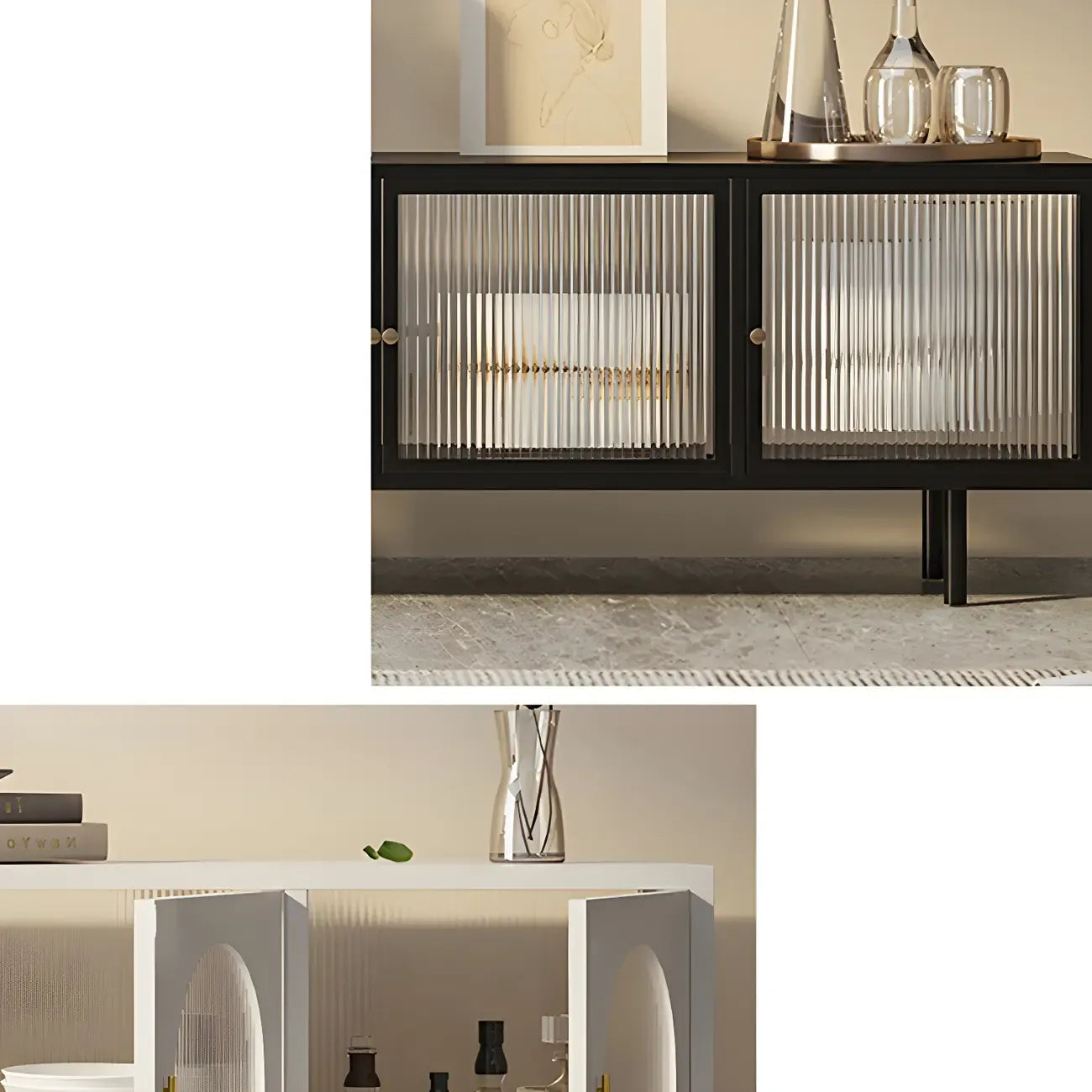 Meuble TV industriel avec porte en verre noir et étagère en métal