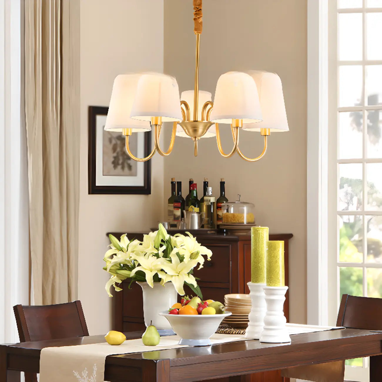 Lustre suspendu moderne en laiton avec abat-jour en tissu