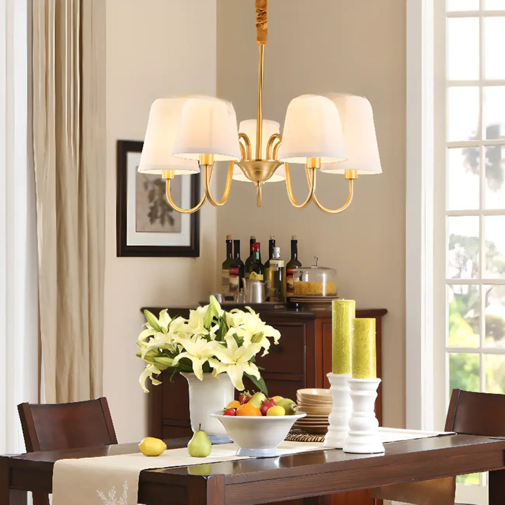 Lustre suspendu moderne en laiton avec abat-jour en tissu