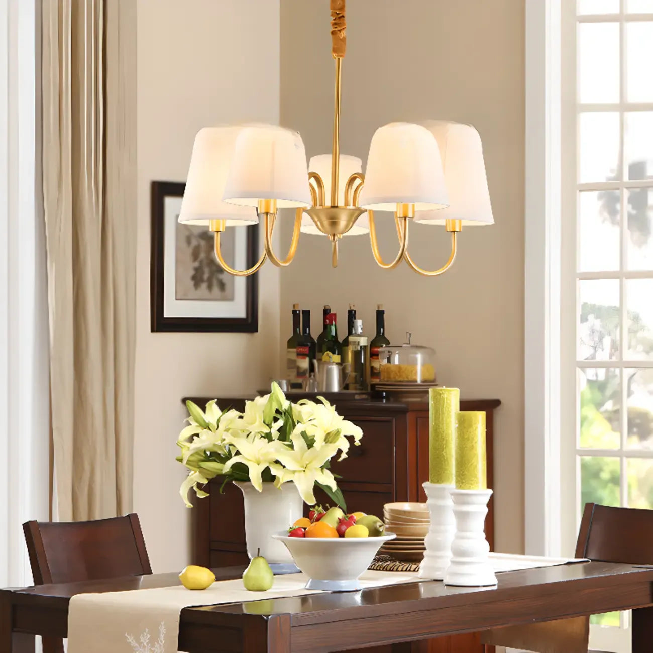 Lustre suspendu moderne en laiton avec abat-jour en tissu