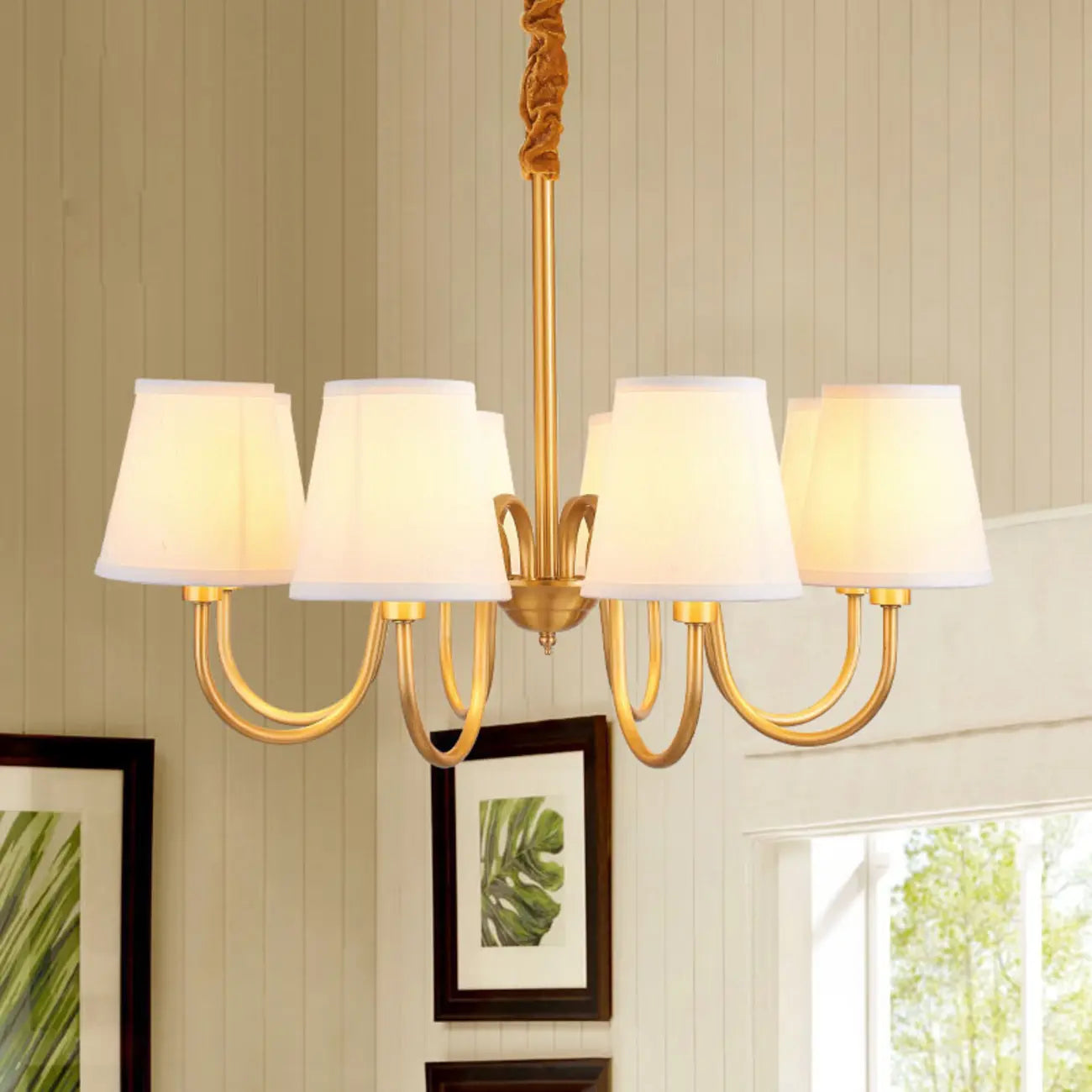 Lustre suspendu moderne en laiton avec abat-jour en tissu