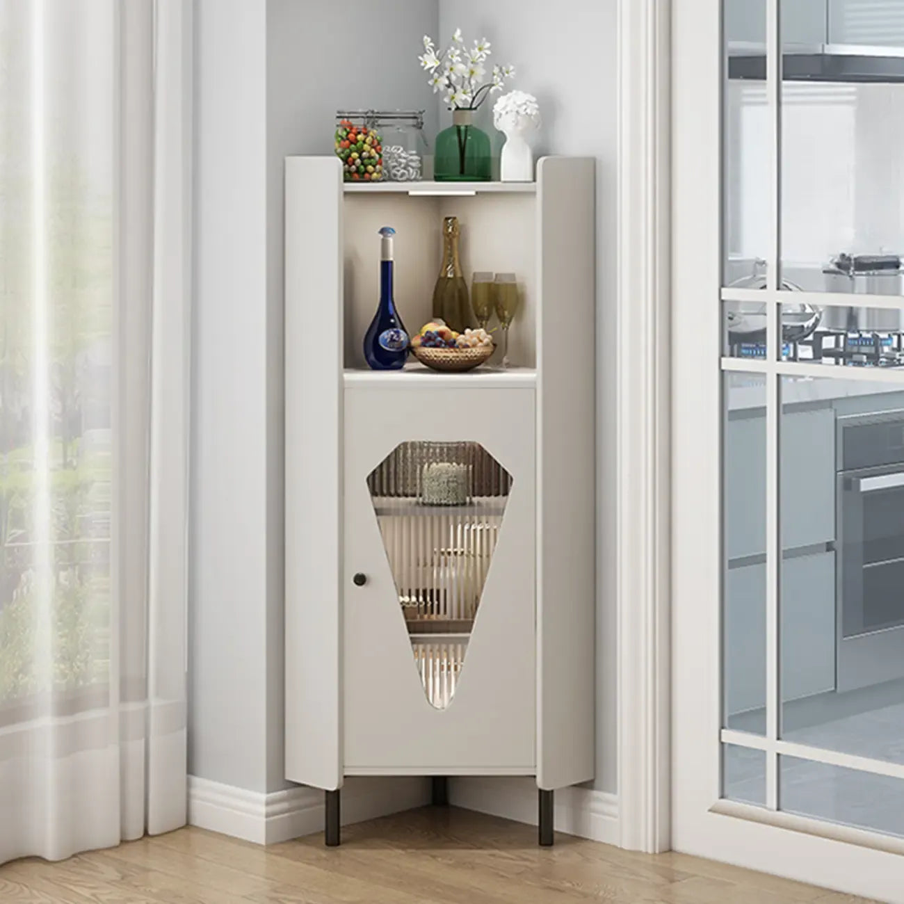 Meuble d'angle en bois autoportant avec pied en métal et éclairage