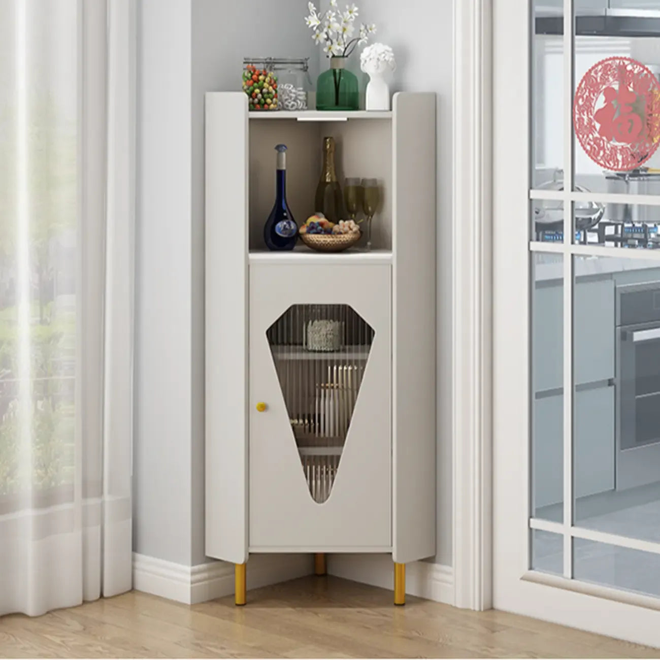 Meuble d'angle en bois autoportant avec pied en métal et éclairage