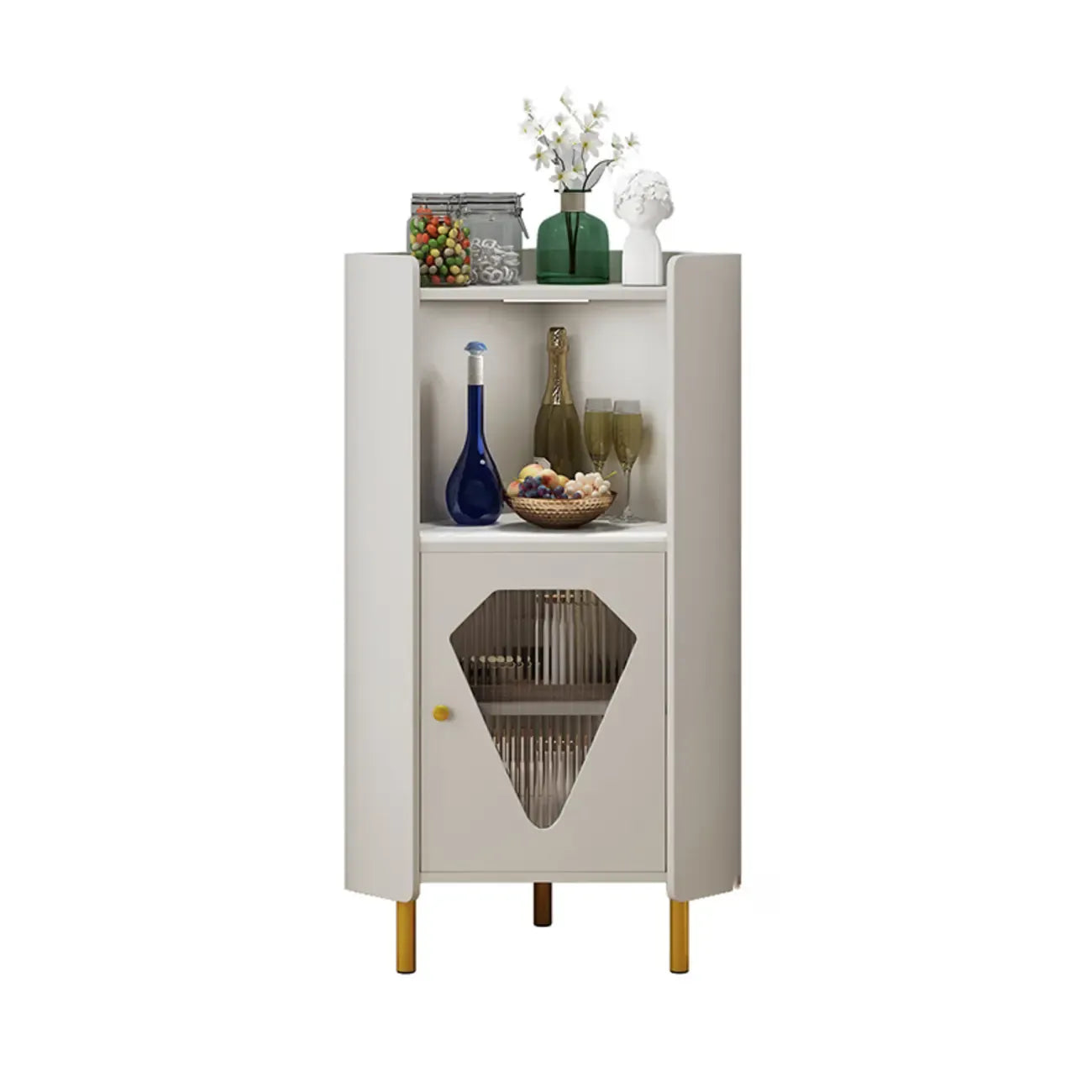 Meuble d'angle en bois autoportant avec pied en métal et éclairage