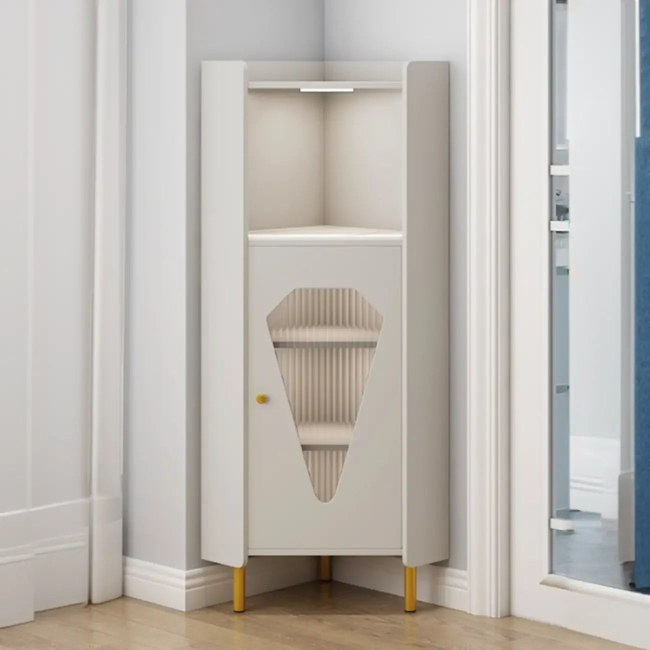 Meuble d'angle en bois autoportant avec pied en métal et éclairage