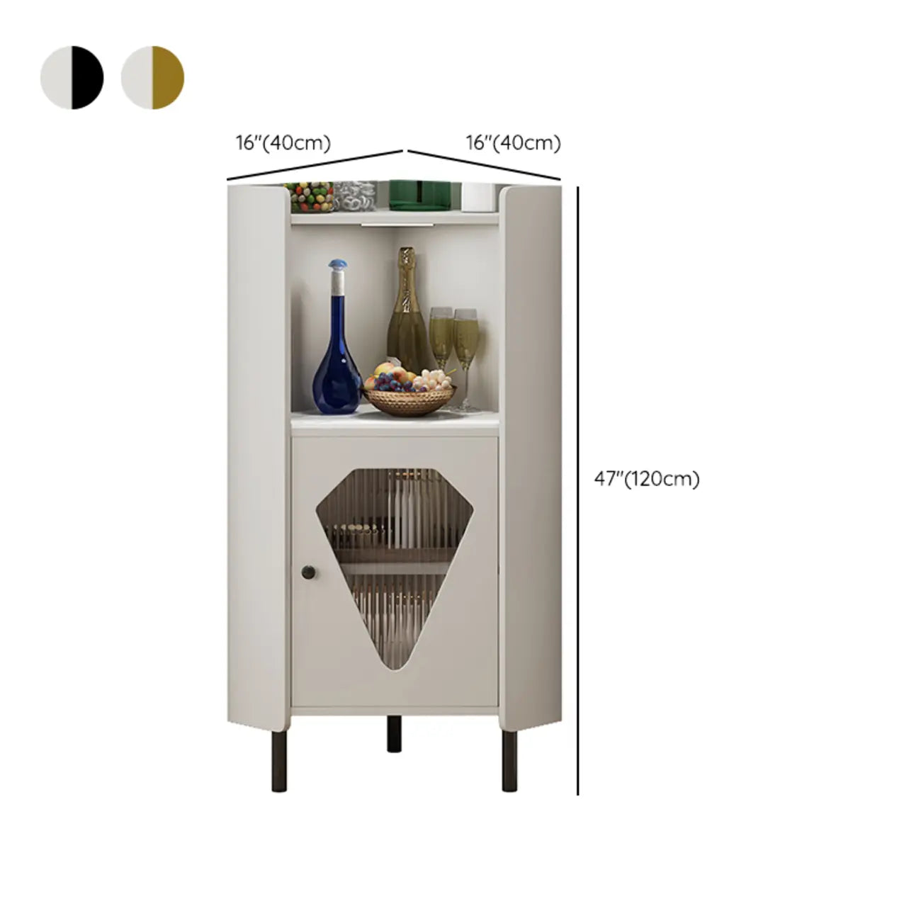 Meuble d'angle en bois autoportant avec pied en métal et éclairage