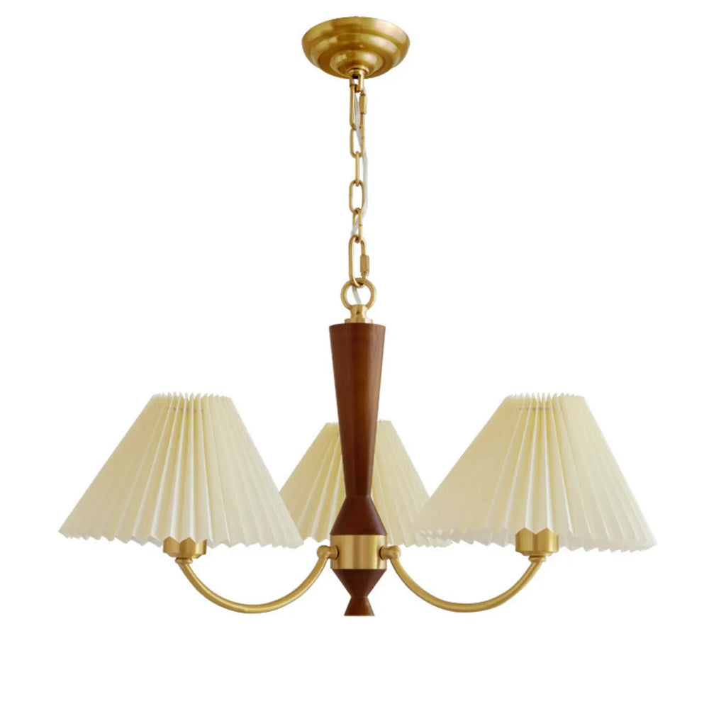 Lustre vintage en bois avec abat-jour plissé beige
