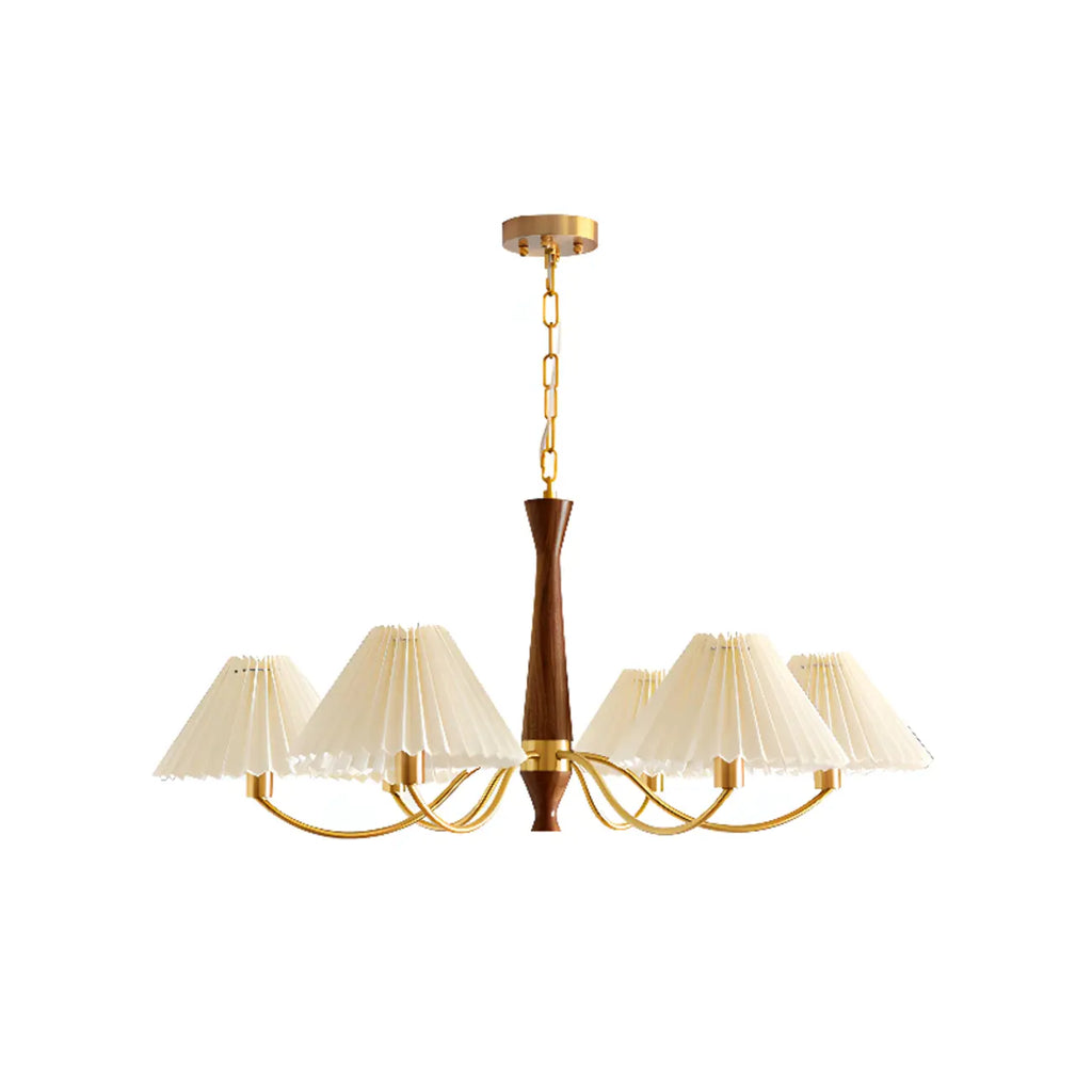 Lustre vintage en bois avec abat-jour plissé beige