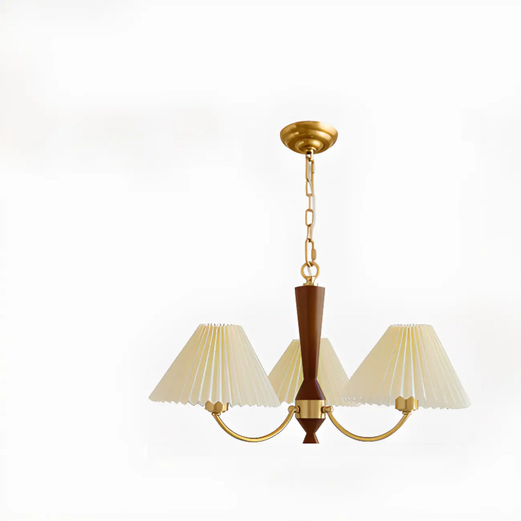 Lustre vintage en bois avec abat-jour plissé beige