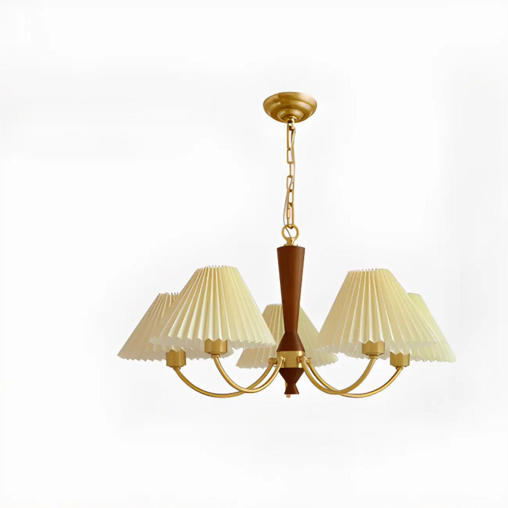 Lustre vintage en bois avec abat-jour plissé beige