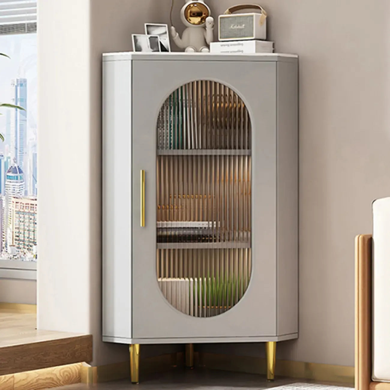 Meuble d'angle intérieur autoportant avec porte vitrée et éclairage