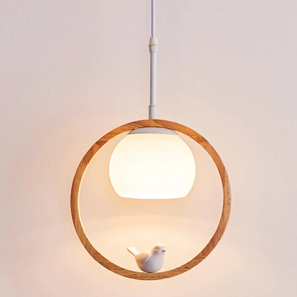 Suspension LED design en forme d'anneau en bois avec abat-jour en verre pour la décoration intérieure