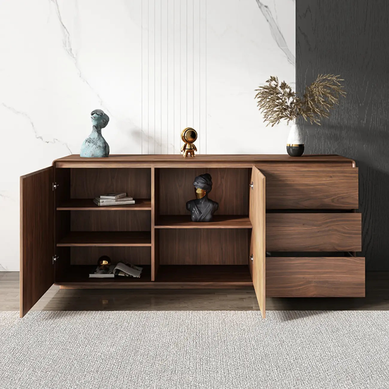 Grande armoire de rangement en bois couleur cacao avec tiroirs et portes