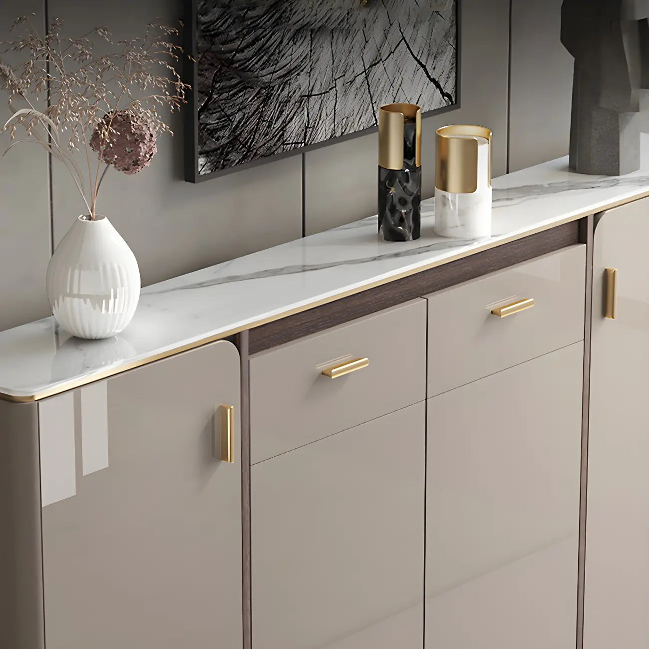 Buffet glamour blanc cassé avec plateau en pierre et placards
