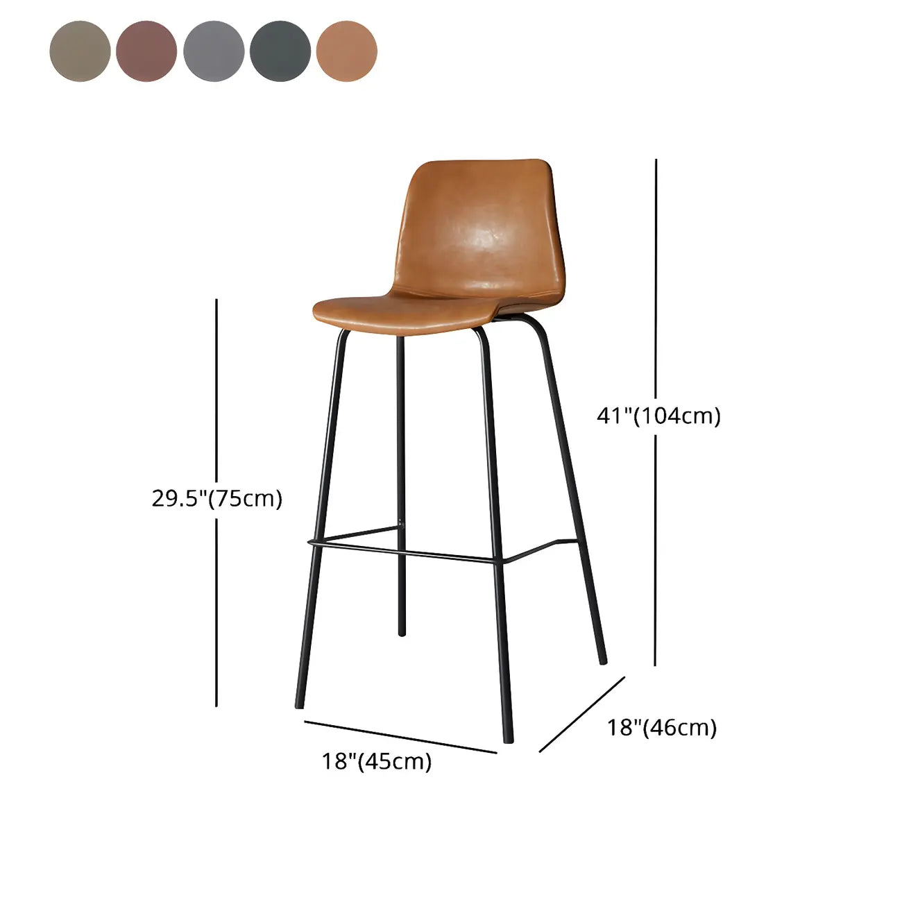 Tabourets de bar en cuir avec dossier et structure en métal marron