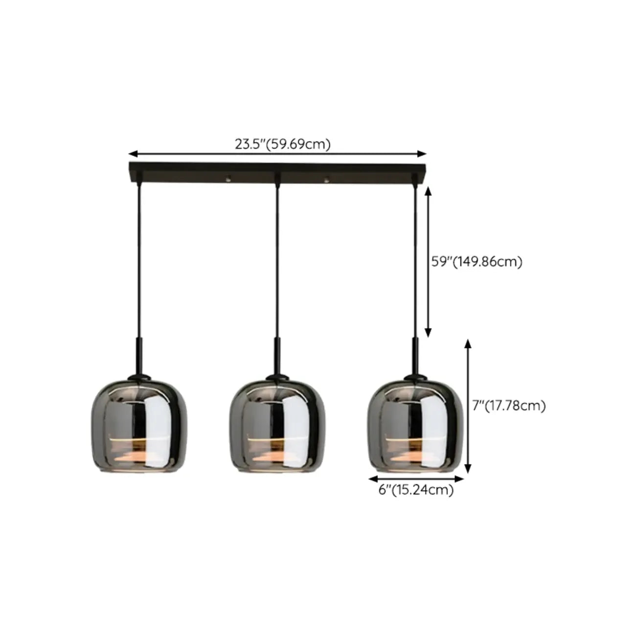 Suspension moderne à 3 lumières en verre noir en forme de bocal