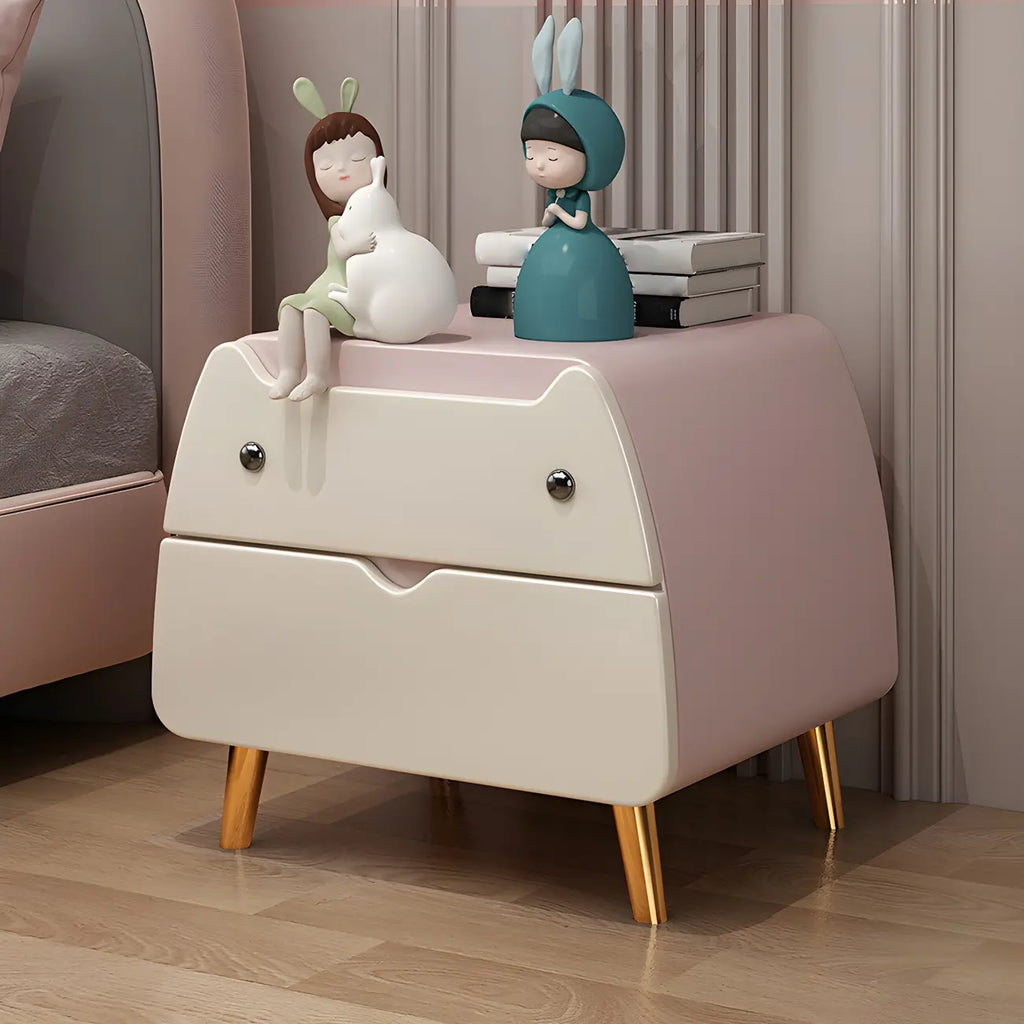 Table de chevet scandinave rose en forme de chat mignon avec 2 tiroirs