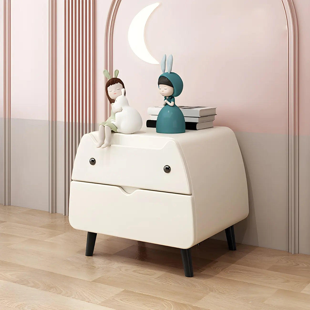 Table de chevet scandinave rose en forme de chat mignon avec 2 tiroirs
