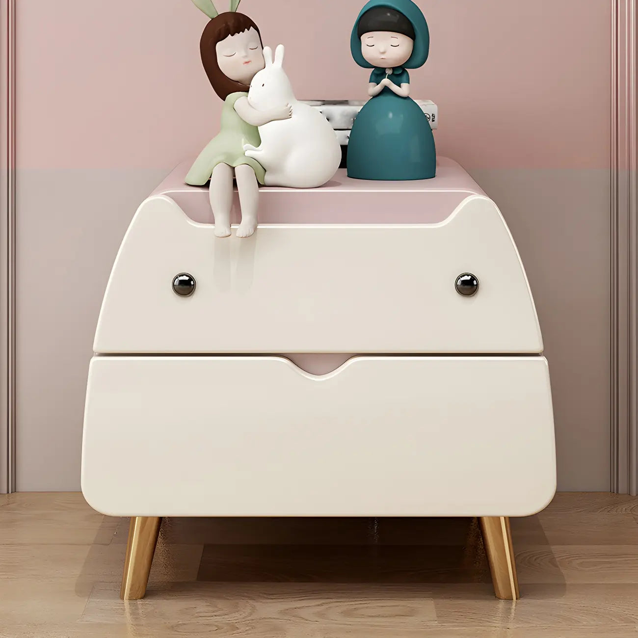 Table de chevet scandinave rose en forme de chat mignon avec 2 tiroirs