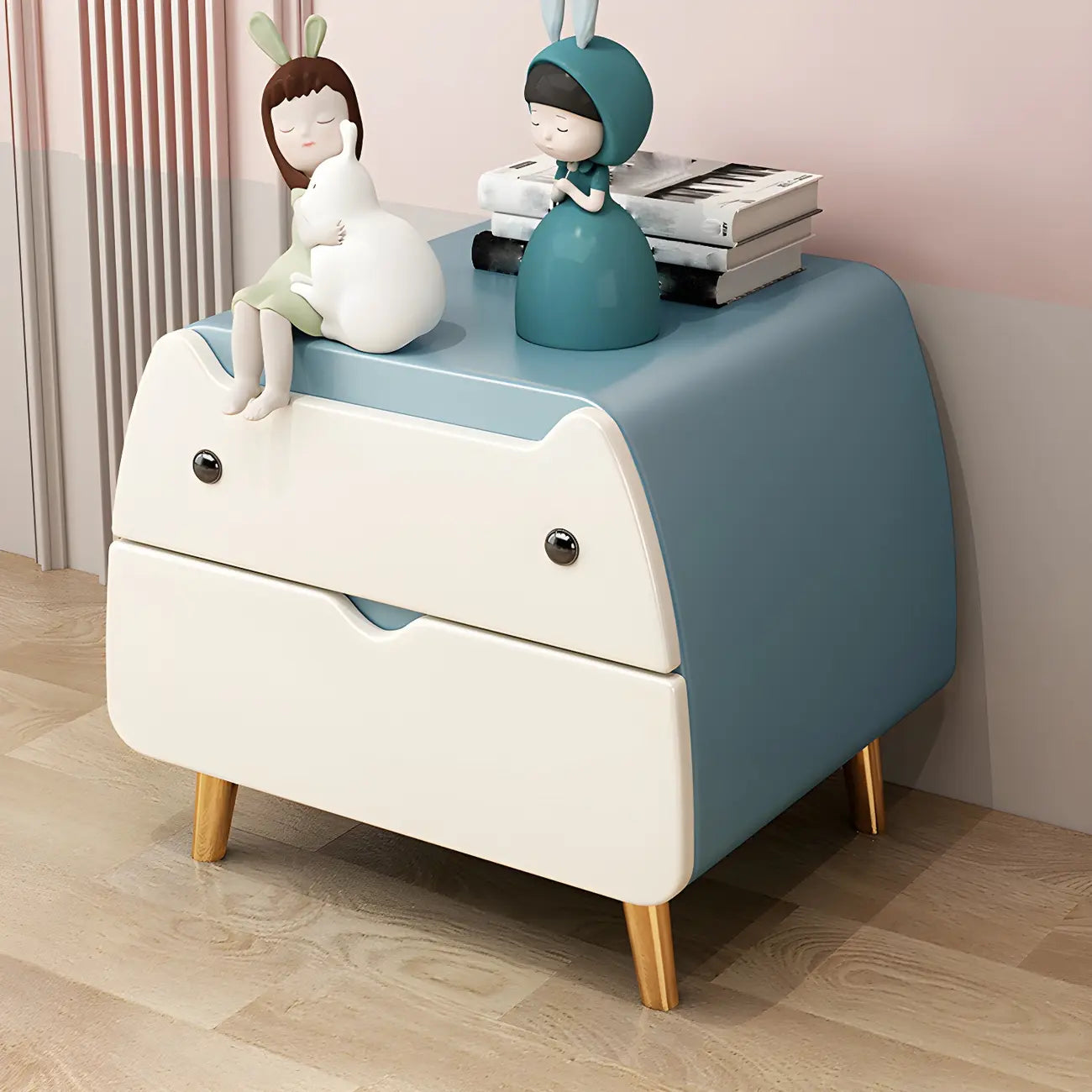 Table de chevet scandinave rose en forme de chat mignon avec 2 tiroirs
