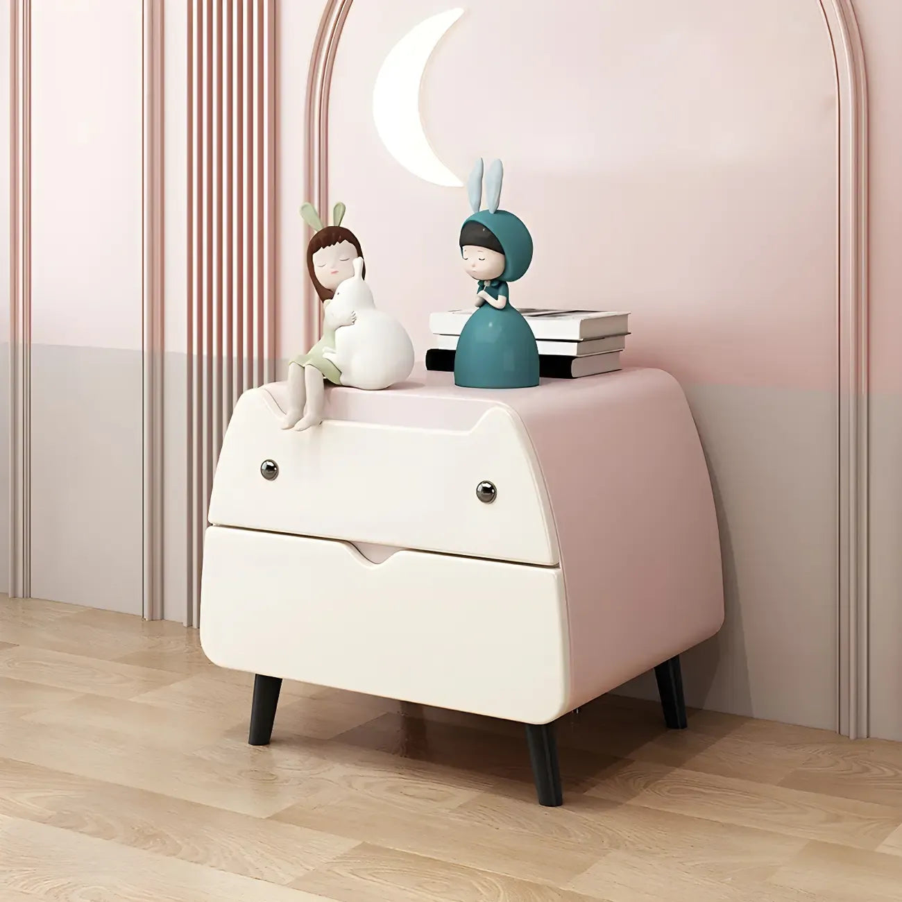 Table de chevet scandinave rose en forme de chat mignon avec 2 tiroirs