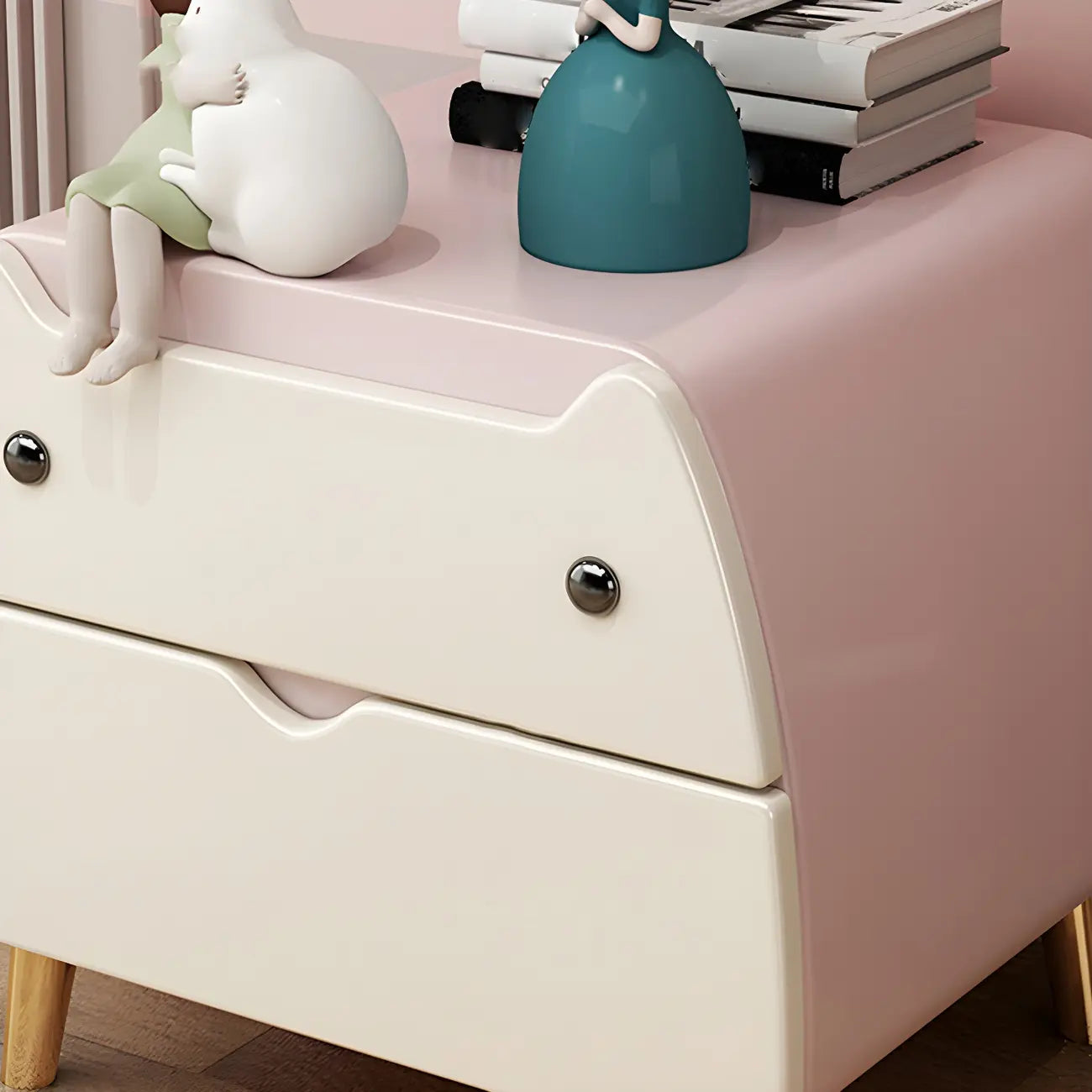 Table de chevet scandinave rose en forme de chat mignon avec 2 tiroirs