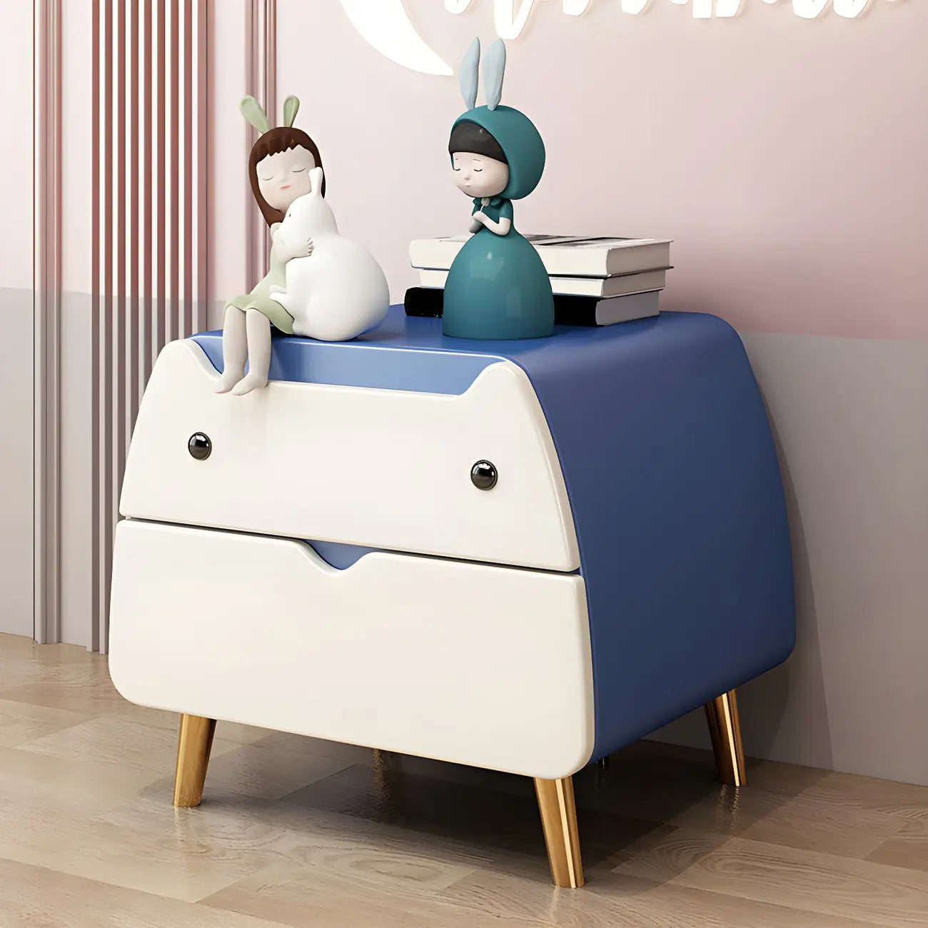 Table de chevet scandinave rose en forme de chat mignon avec 2 tiroirs