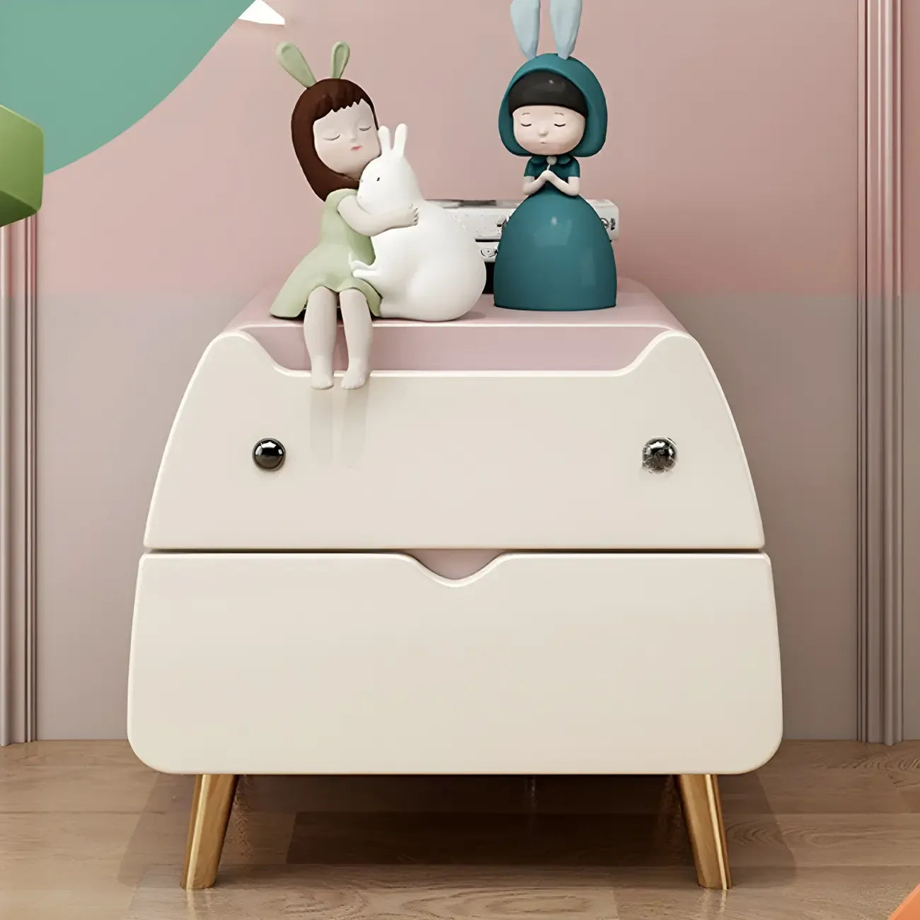 Table de chevet scandinave rose en forme de chat mignon avec 2 tiroirs