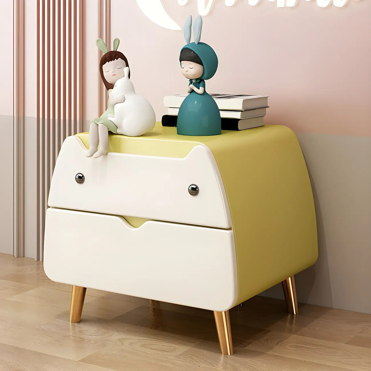 Table de chevet scandinave rose en forme de chat mignon avec 2 tiroirs