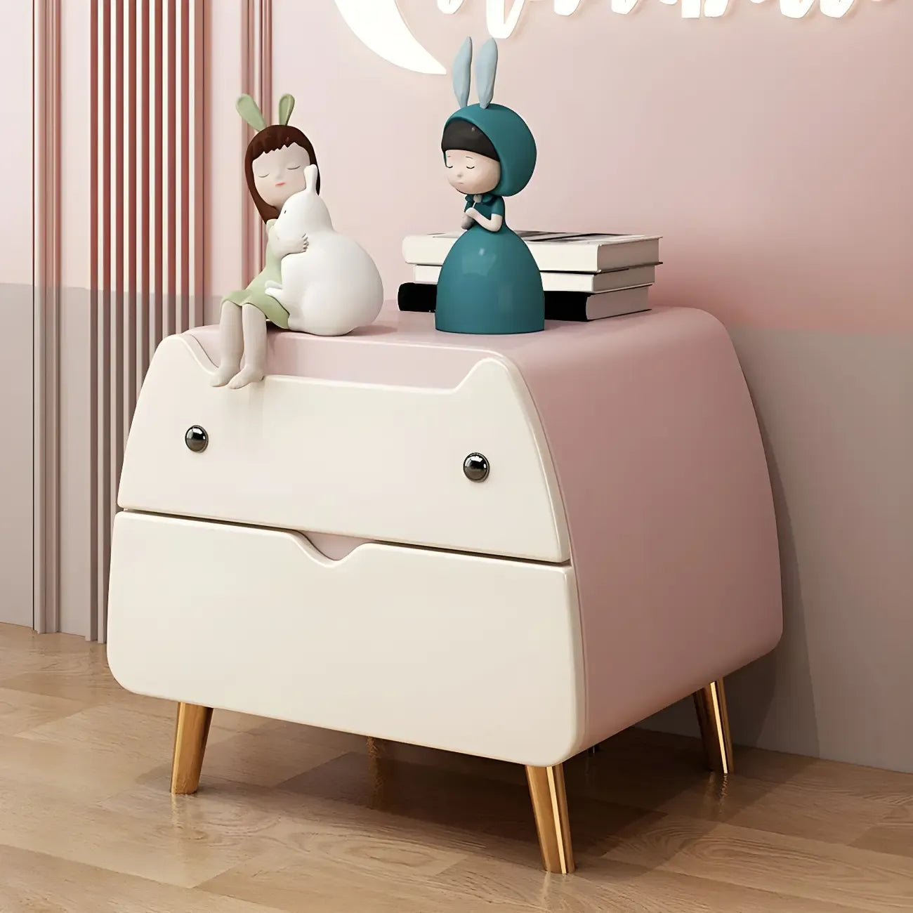 Table de chevet scandinave rose en forme de chat mignon avec 2 tiroirs