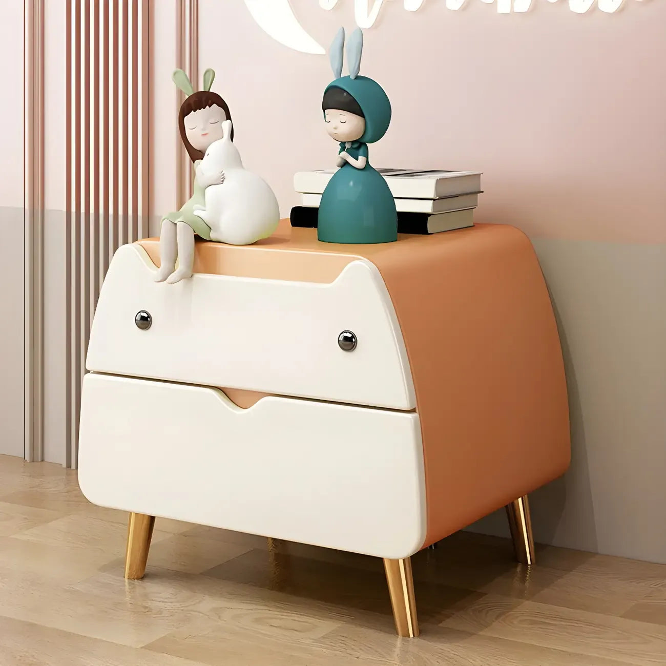 Table de chevet scandinave rose en forme de chat mignon avec 2 tiroirs