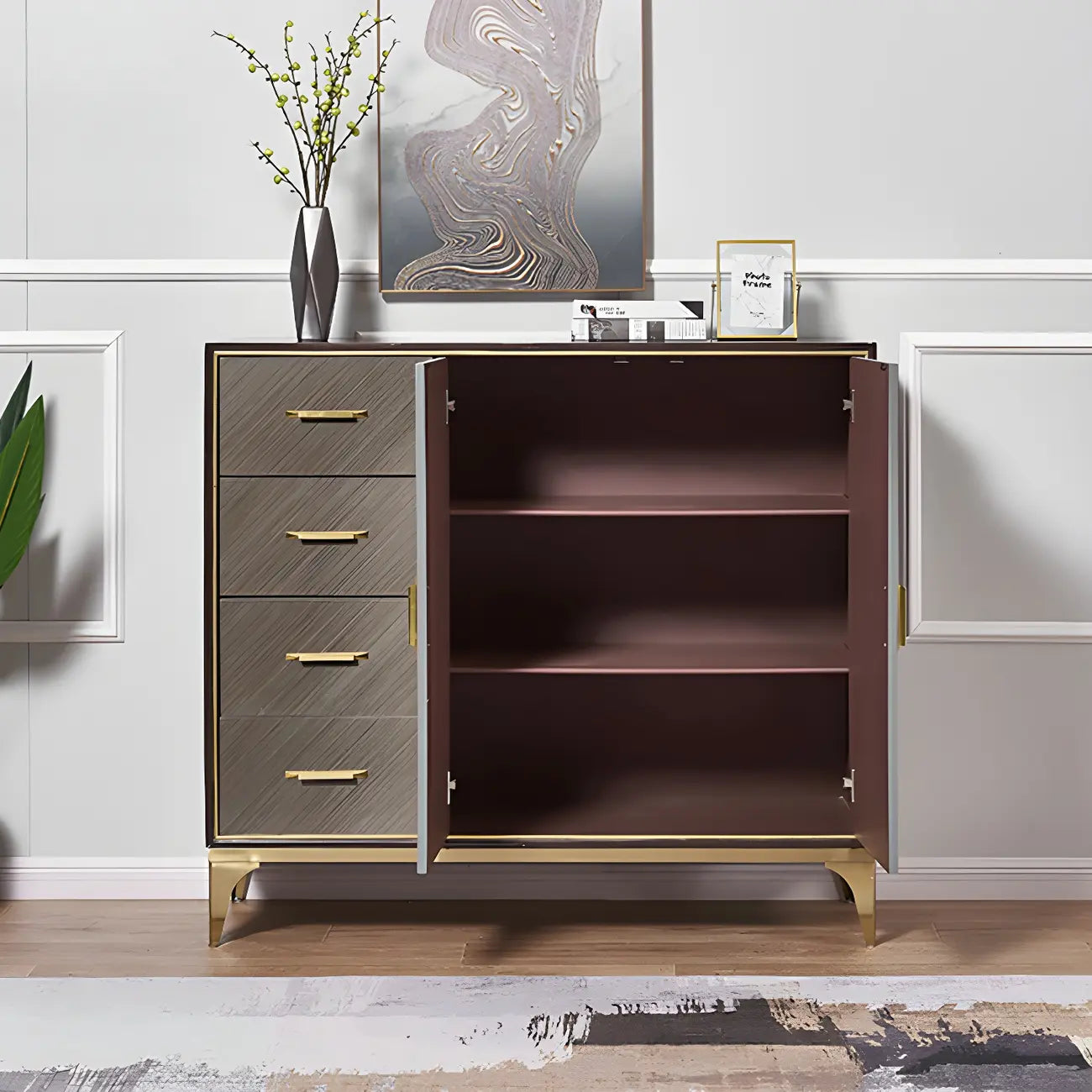 Buffet en bois élégant avec tiroirs et étagères réglables