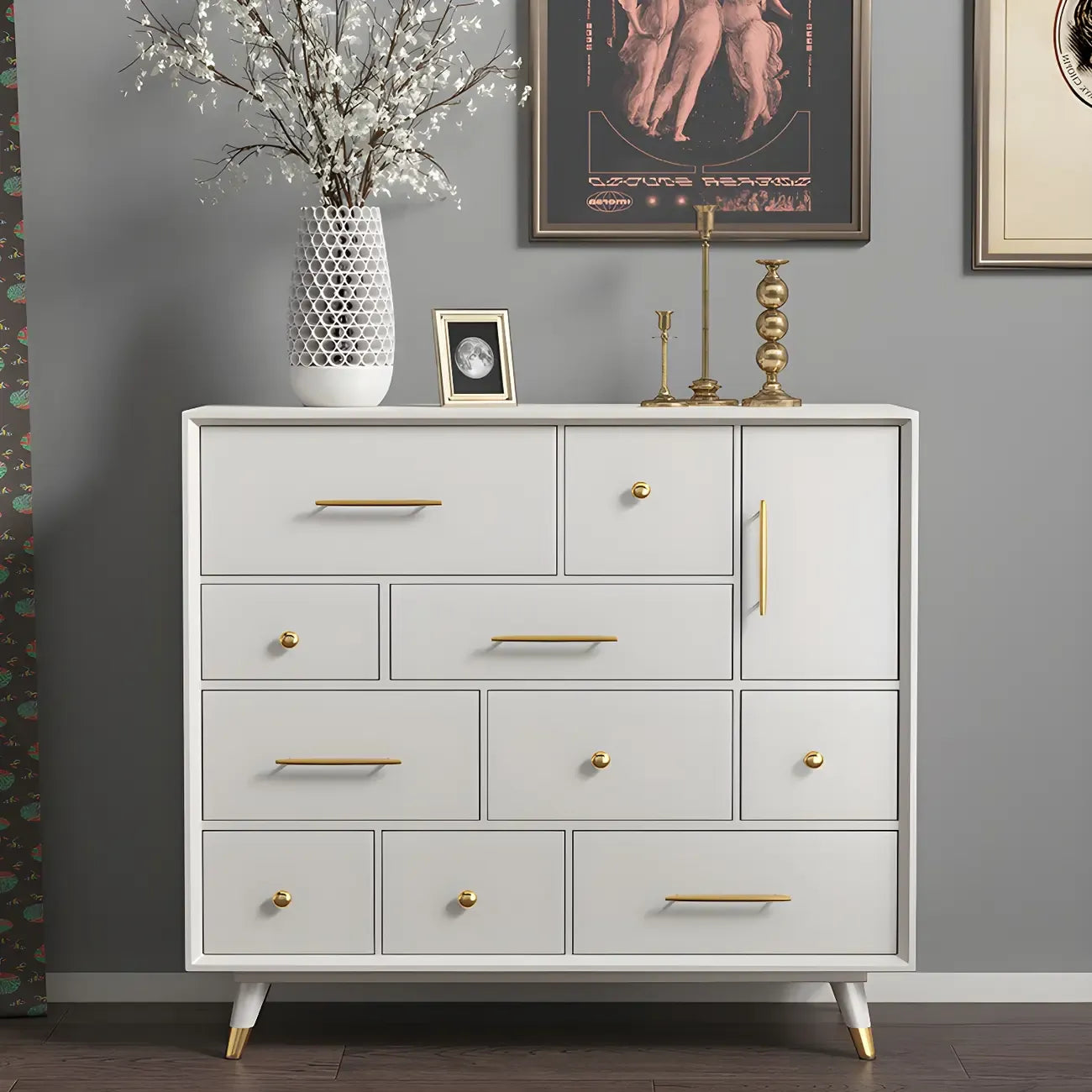 Buffet glamour en bois de bouleau avec plusieurs tiroirs