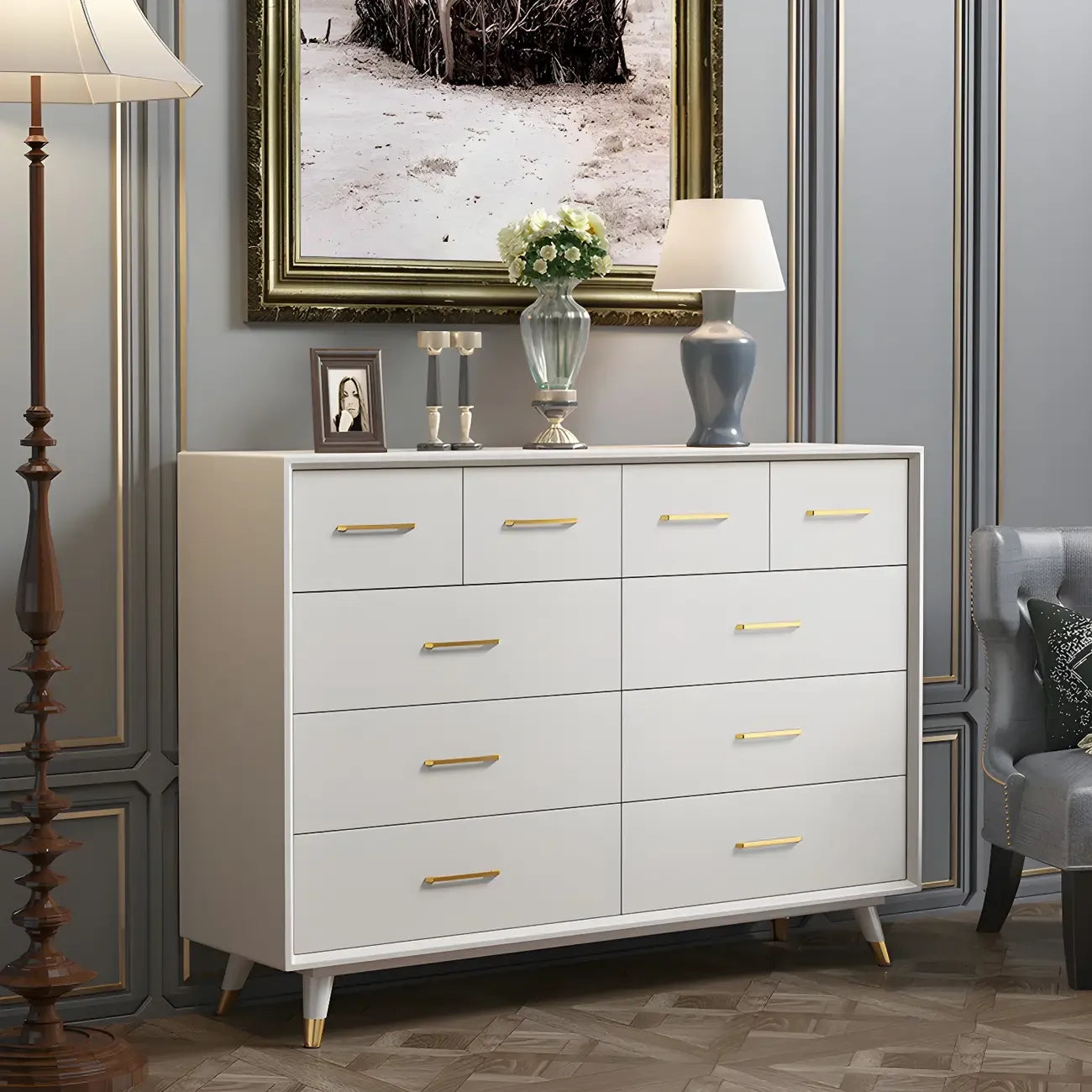 Buffet glamour en bois de bouleau avec plusieurs tiroirs
