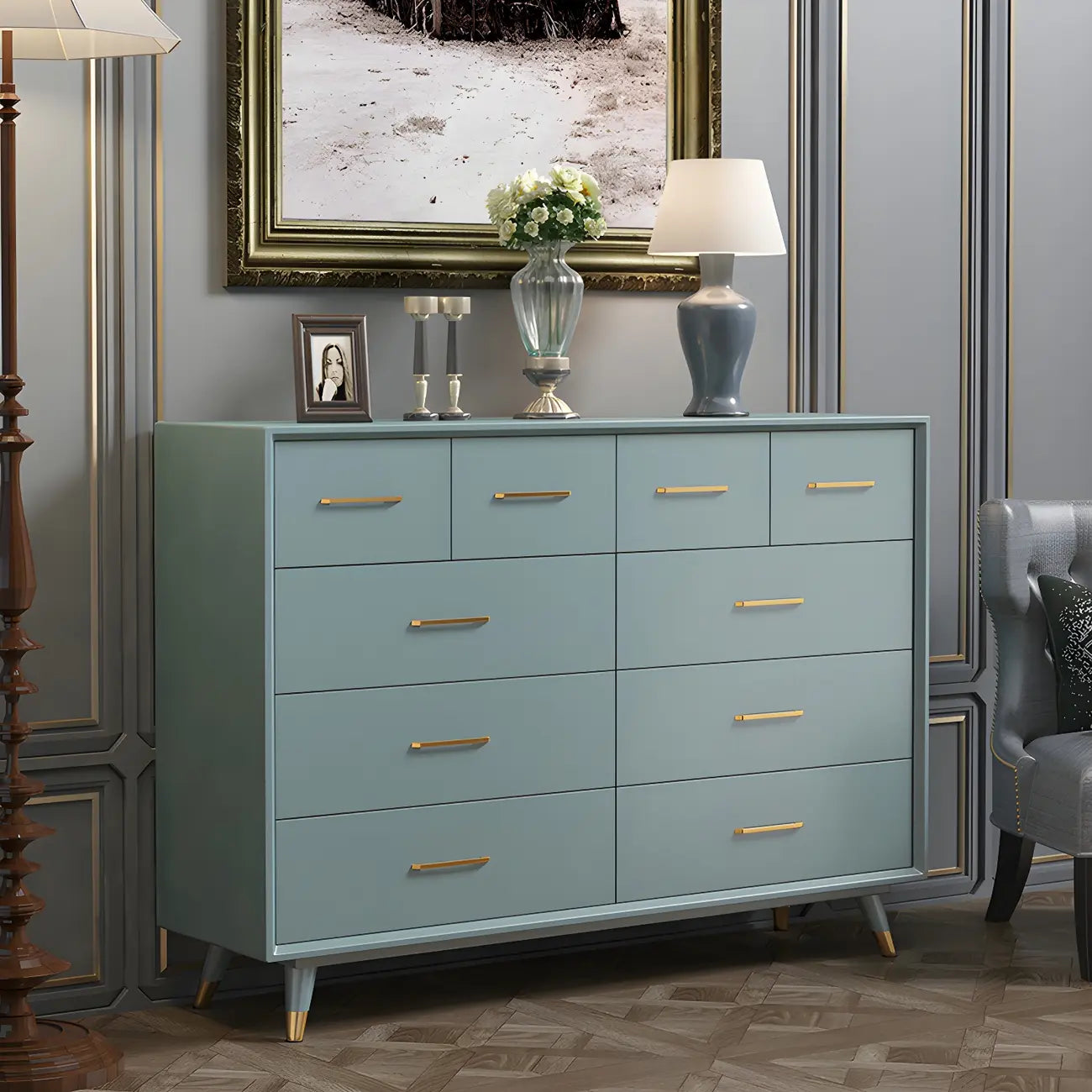 Buffet glamour en bois de bouleau avec plusieurs tiroirs