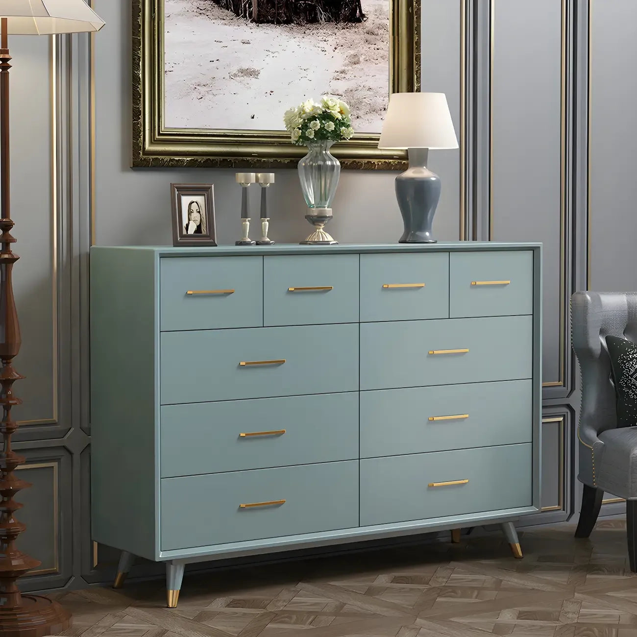 Buffet glamour en bois de bouleau avec plusieurs tiroirs