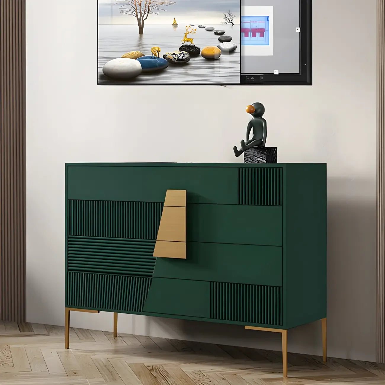Buffet élégant en bois avec tiroirs, de couleur vert/gris