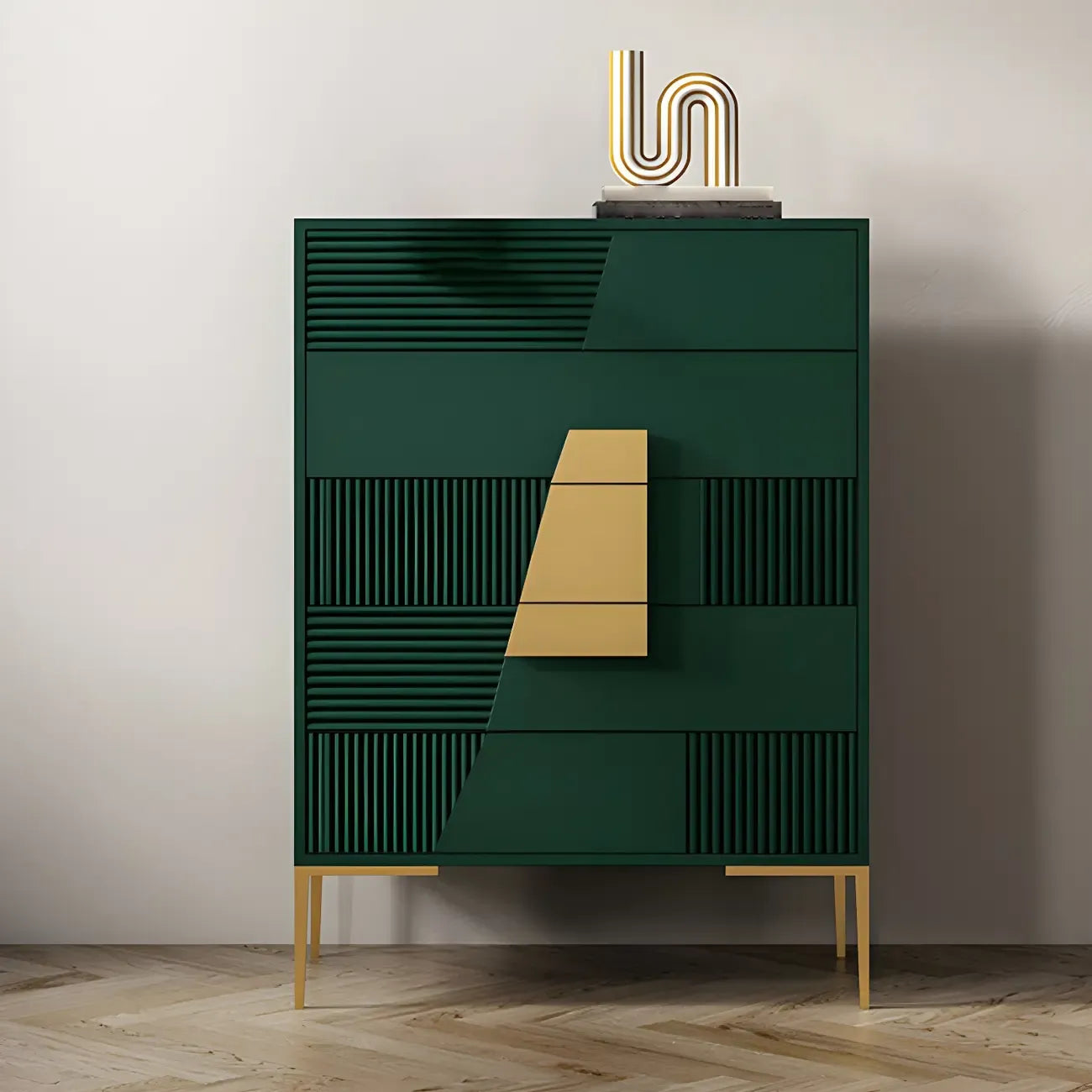 Buffet élégant en bois avec tiroirs, de couleur vert/gris