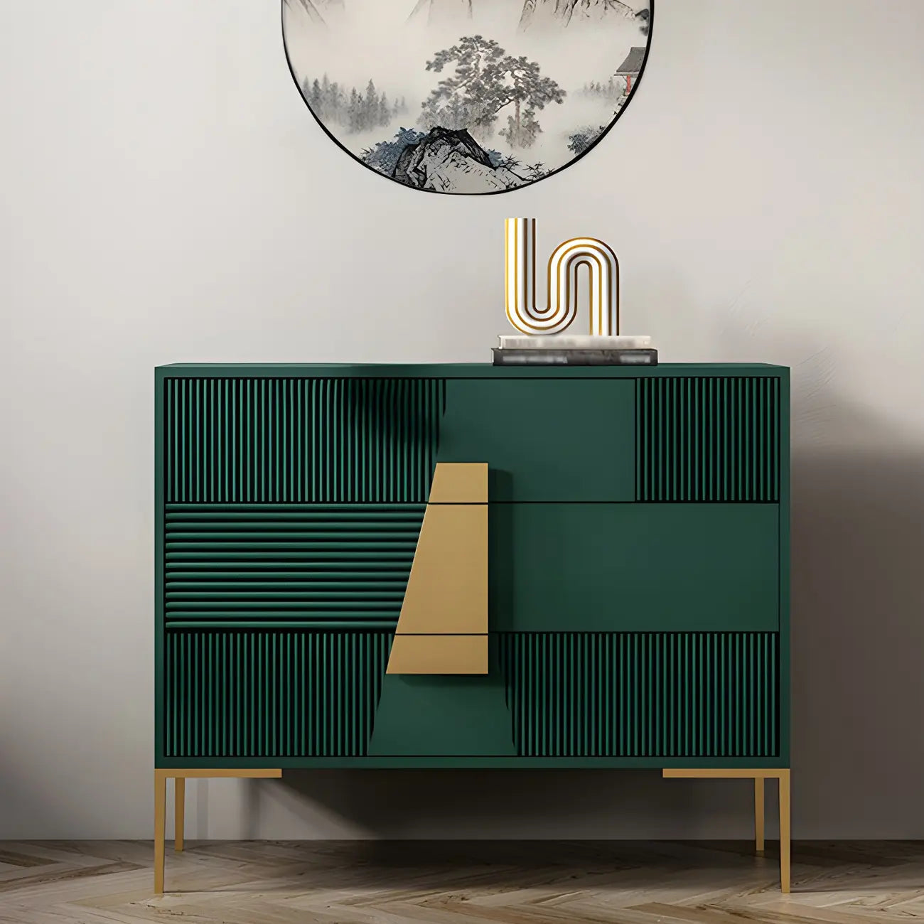 Buffet élégant en bois avec tiroirs, de couleur vert/gris