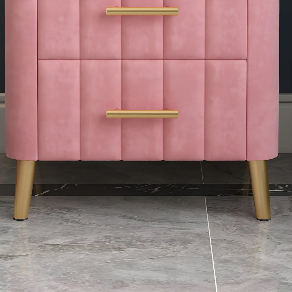 Table de chevet glamour en cuir rose avec plateau en marbre et 3 tiroirs