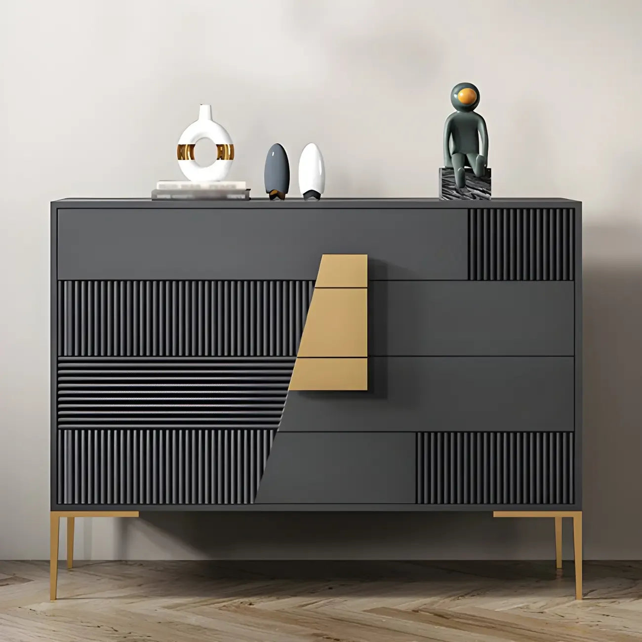 Buffet élégant en bois avec tiroirs, de couleur vert/gris